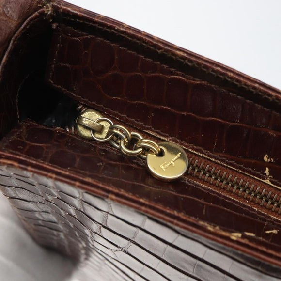 Salvatore Ferragamo Gancini Shoulder Bag Embossed leather Brown Gold Auth 162573