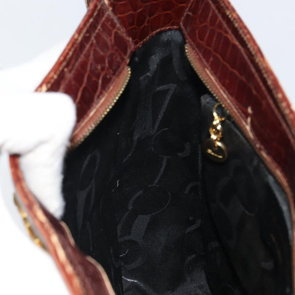 Salvatore Ferragamo Gancini Shoulder Bag Embossed leather Brown Gold Auth 162573
