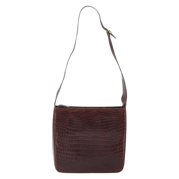 Salvatore Ferragamo Gancini Shoulder Bag Embossed leather Brown Gold Auth 162573