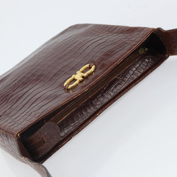 Salvatore Ferragamo Gancini Shoulder Bag Embossed leather Brown Gold Auth 162573