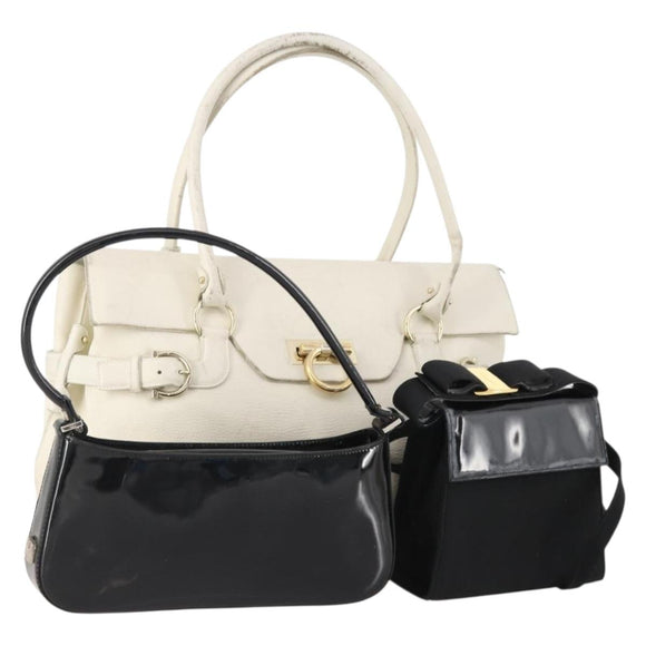 Salvatore Ferragamo Hand Bag Patent leather 3 Set White Black Navy Auth 162600