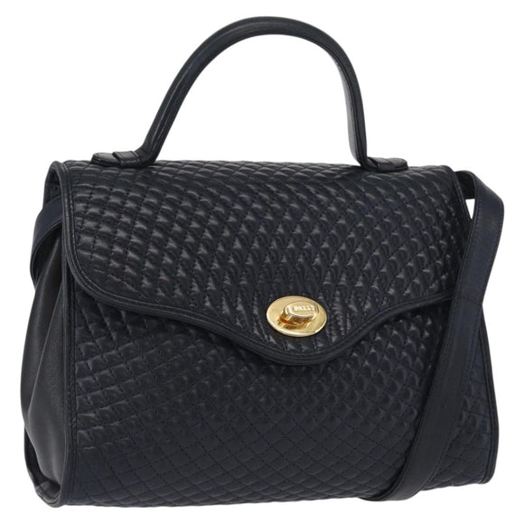BALLY Hand Bag Leather 2way Navy Gold Auth 162765