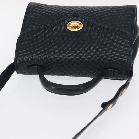 BALLY Hand Bag Leather 2way Navy Gold Auth 162765