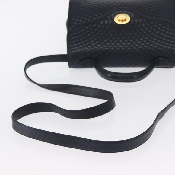 BALLY Hand Bag Leather 2way Navy Gold Auth 162765