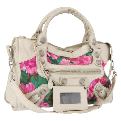 BALENCIAGA Giant City Bag Leather Nylon 2way White Silver 173084 Auth 162774V