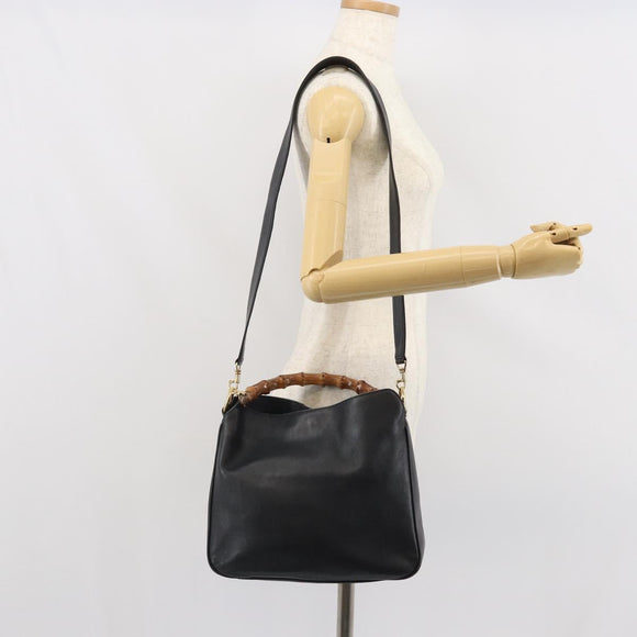GUCCI Bamboo Hand Bag Leather Black Gold 001 0166 1638 Auth 162820