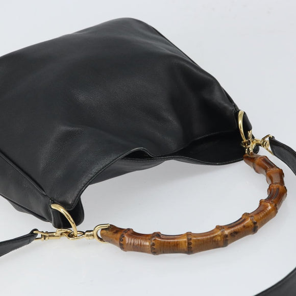 GUCCI Bamboo Hand Bag Leather Black Gold 001 0166 1638 Auth 162820
