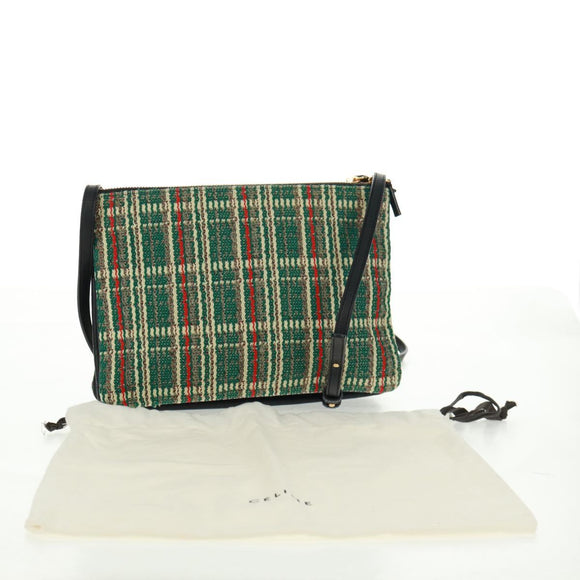 CELINE Trio Large Shoulder Bag Tweed Green Gold Auth 162840V
