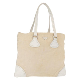 PRADA Tote Bag Canvas Beige Silver Auth 162847