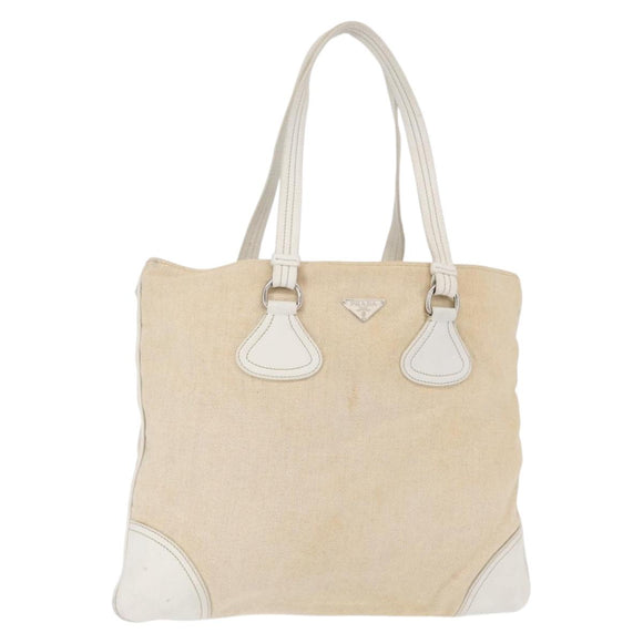 PRADA Tote Bag Canvas Beige Silver Auth 162847