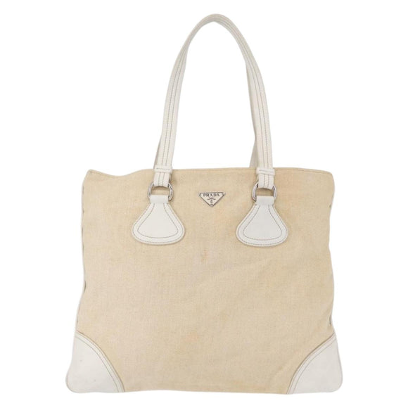 PRADA Tote Bag Canvas Beige Silver Auth 162847