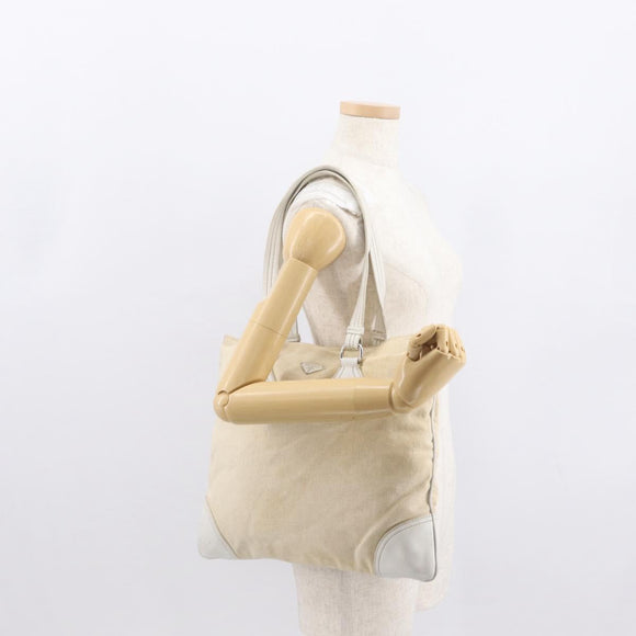 PRADA Tote Bag Canvas Beige Silver Auth 162847