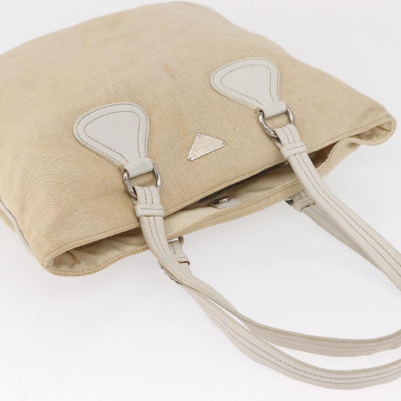 PRADA Tote Bag Canvas Beige Silver Auth 162847