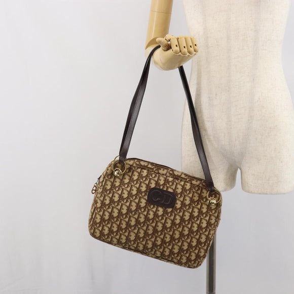 Christian Dior Trotter Canvas Romantic Shoulder Bag Brown Gold Auth 162848