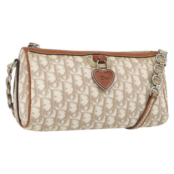 Christian Dior Trotter Canvas Romantic Shoulder Bag PVC Beige Silver Auth 162849