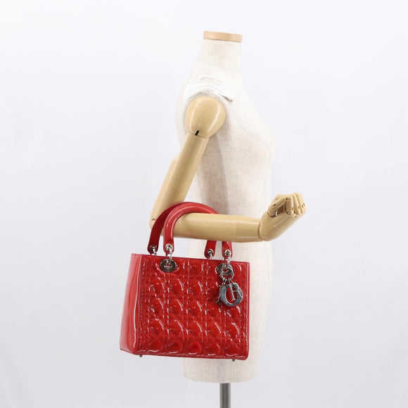 Christian Dior Canage Hand Bag Patent leather Red Silver Auth 162851