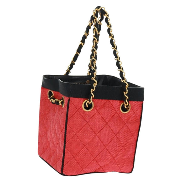 CHANEL Chain Hand Bag Raffia Red Gold CC Auth 162896V
