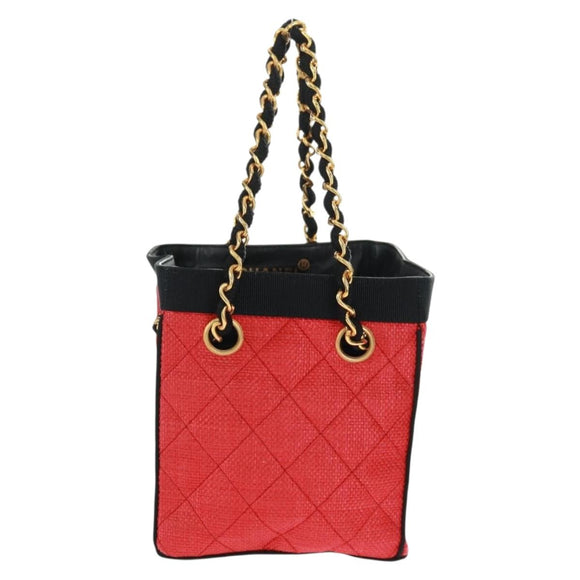 CHANEL Chain Hand Bag Raffia Red Gold CC Auth 162896V