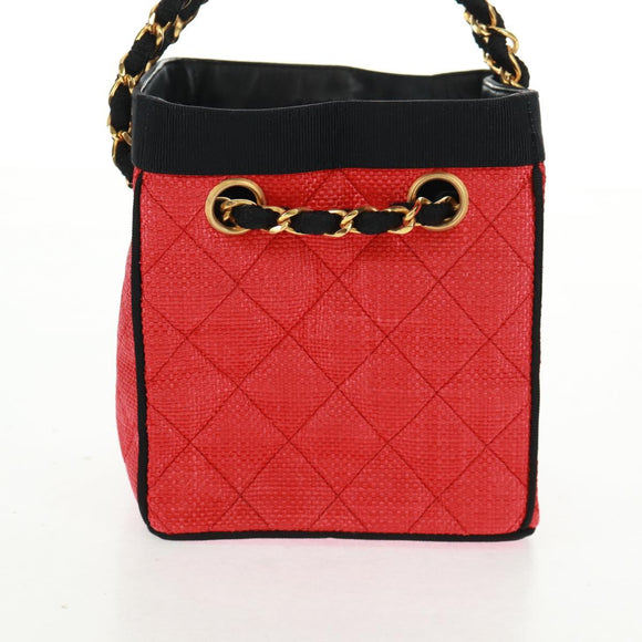 CHANEL Chain Hand Bag Raffia Red Gold CC Auth 162896V