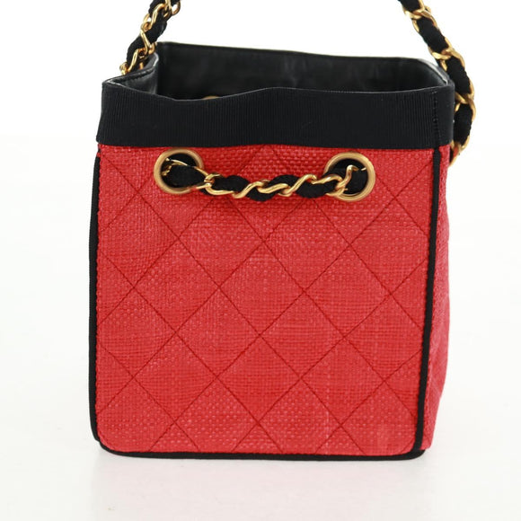 CHANEL Chain Hand Bag Raffia Red Gold CC Auth 162896V
