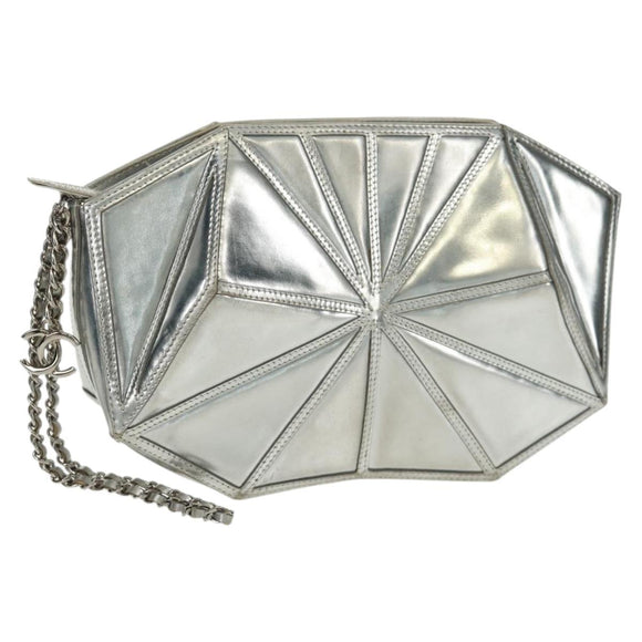 CHANEL Clutch Bag Leather Silver CC Auth 162899V