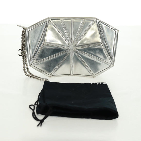 CHANEL Clutch Bag Leather Silver CC Auth 162899V