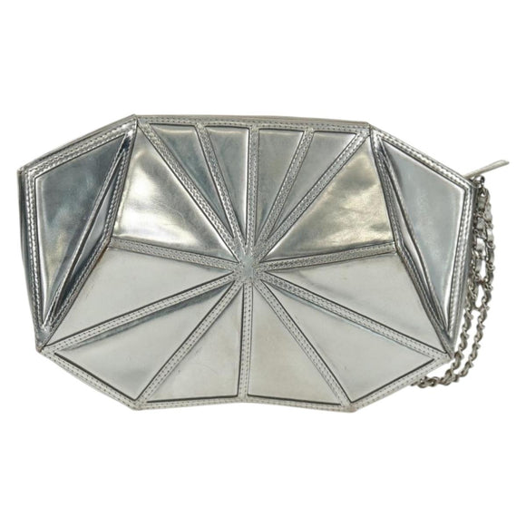 CHANEL Clutch Bag Leather Silver CC Auth 162899V
