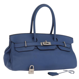 HERMES Shoulder Birkin Shoulder Bag Taurillon Clemence Blue Silver Auth 162913SM