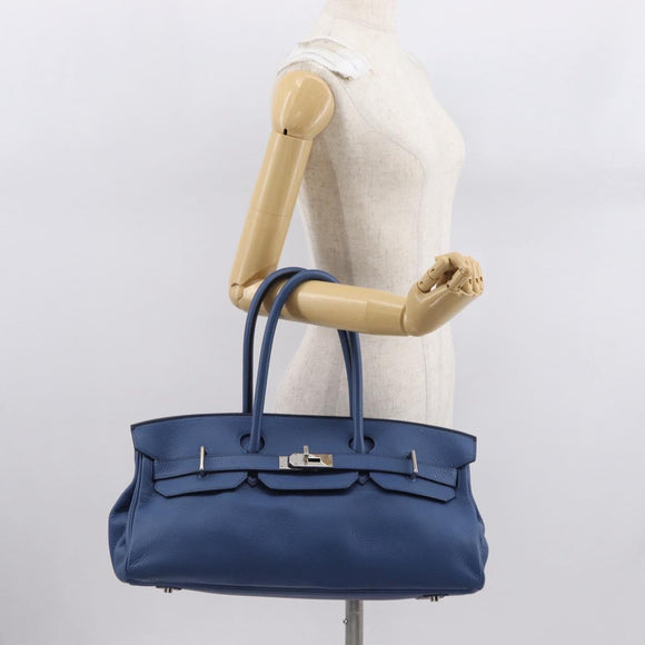 HERMES Shoulder Birkin Shoulder Bag Taurillon Clemence Blue Silver Auth 162913SM