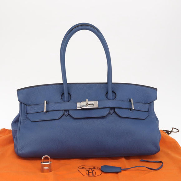 HERMES Shoulder Birkin Shoulder Bag Taurillon Clemence Blue Silver Auth 162913SM