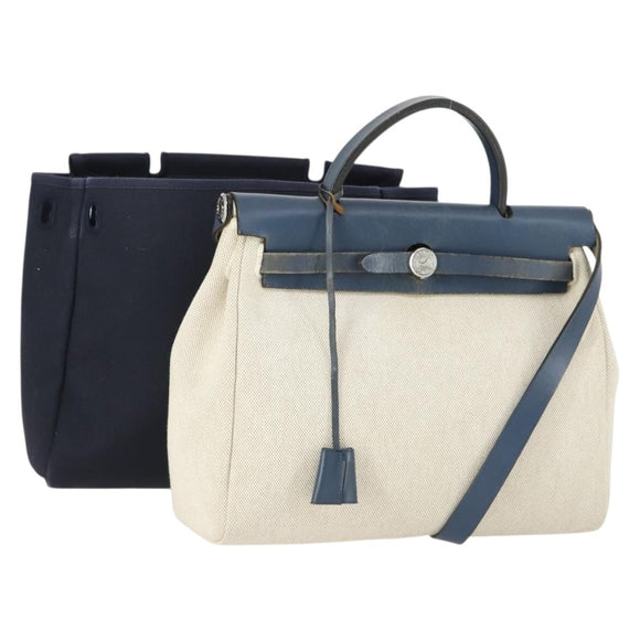 HERMES Her Bag PM Hand Bag Canvas Leather Beige Auth 162923V