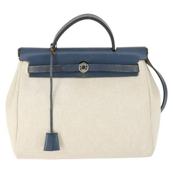 HERMES Her Bag PM Hand Bag Canvas Leather Beige Auth 162923V