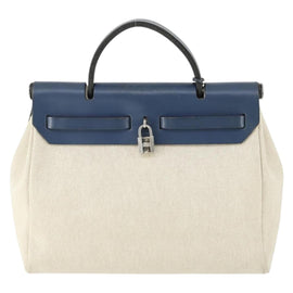 HERMES Her Bag PM Hand Bag Canvas Leather Beige Auth 162923V - 0