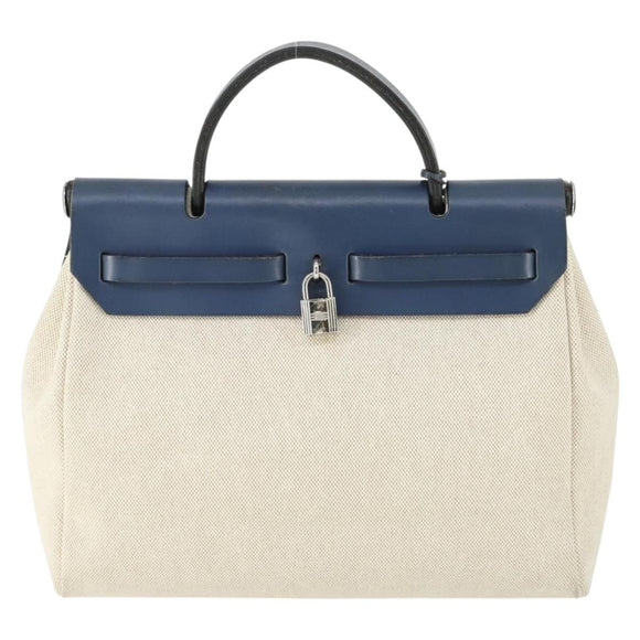 HERMES Her Bag PM Hand Bag Canvas Leather Beige Auth 162923V