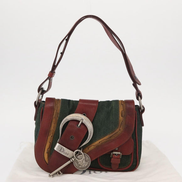Christian Dior Gaucho Shoulder Bag Denim Green Silver Auth 162945V