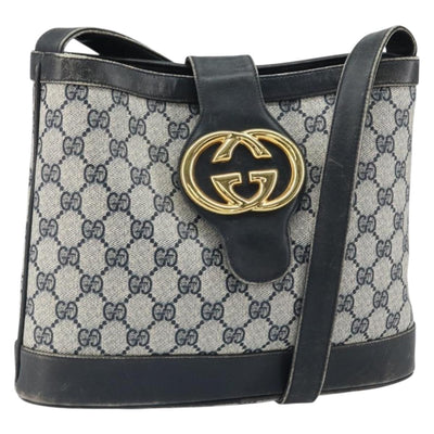 GUCCI GG Supreme Shoulder Bag PVC Navy Gold Auth 162949