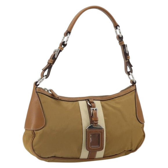 PRADA Shoulder Bag Nylon Beige Silver Auth 162978