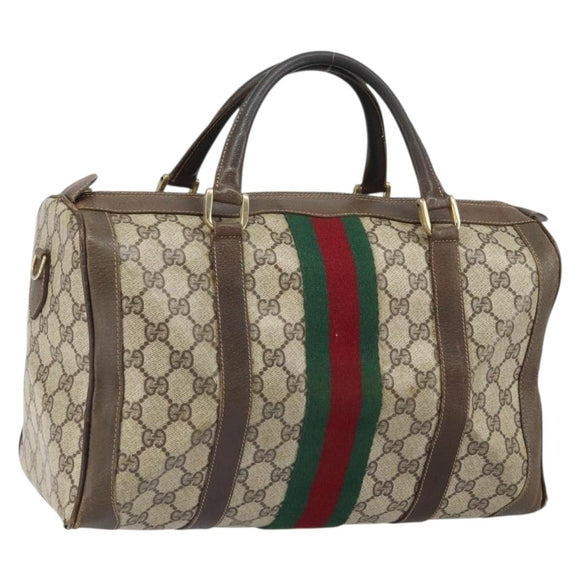 GUCCI GG Supreme Web Sherry Line Boston Bag PVC Beige Gold Auth 162989