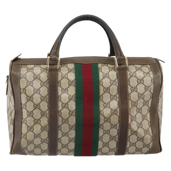 GUCCI GG Supreme Web Sherry Line Boston Bag PVC Beige Gold Auth 162989