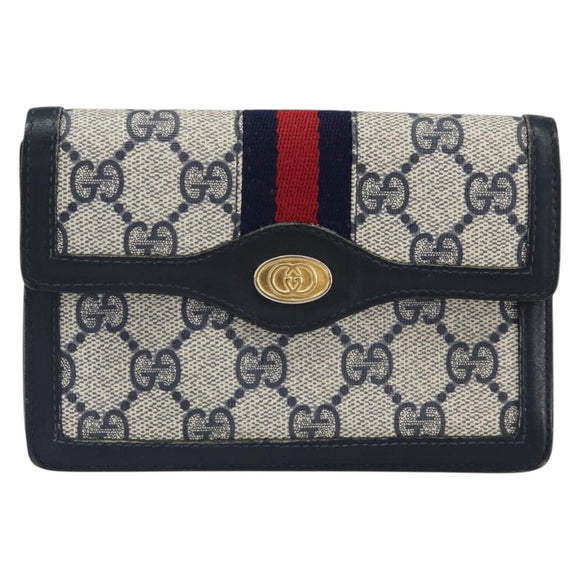 GUCCI GG Supreme Sherry Line Pouch PVC Leather Navy Gold Auth 163015