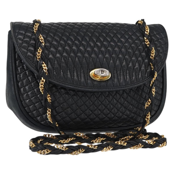 BALLY Quilted Chain Shoulder Bag Leather Black Gold Auth 163023