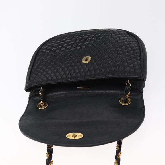 BALLY Quilted Chain Shoulder Bag Leather Black Gold Auth 163023