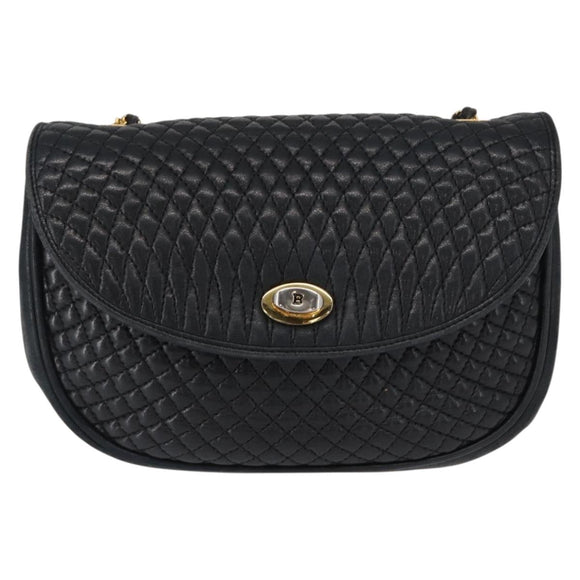 BALLY Quilted Chain Shoulder Bag Leather Black Gold Auth 163023