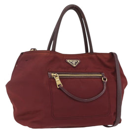PRADA Hand Bag Nylon 2way Bordeaux Gold Auth 163074