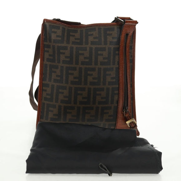 FENDI Zucca Canvas Shoulder Bag PVC Black Brown Auth 163081V