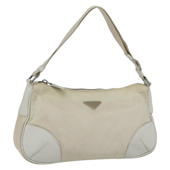 PRADA Shoulder Bag Nylon Leather Ivory Silver Auth 163087