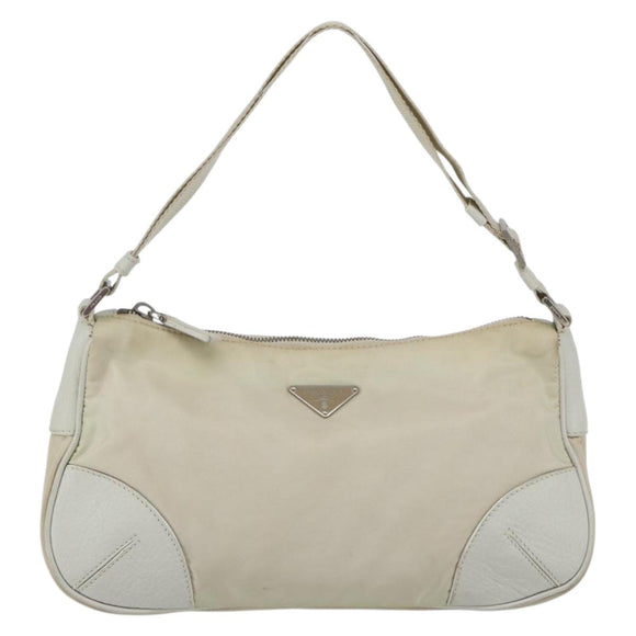 PRADA Shoulder Bag Nylon Leather Ivory Silver Auth 163087