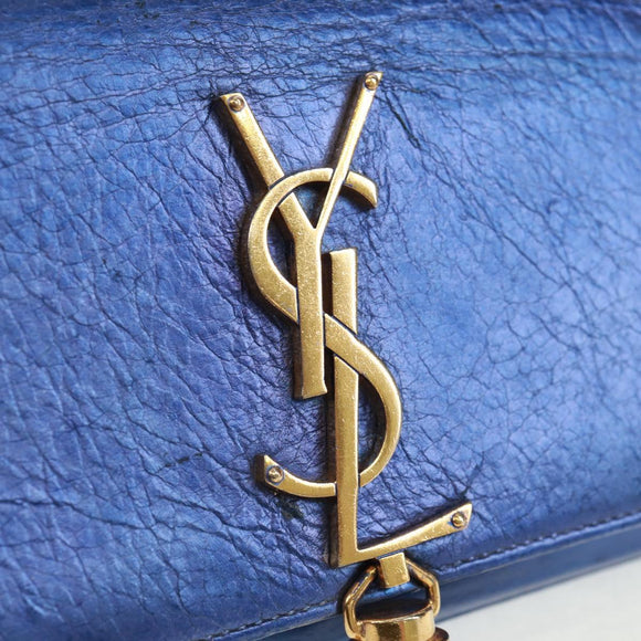 SAINT LAURENT Chain Kate Shoulder Bag Leather Blue Gold Auth 163093V