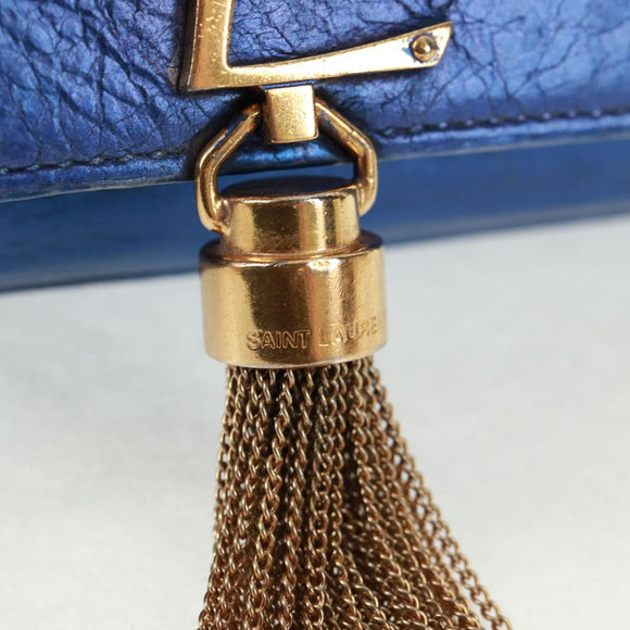 SAINT LAURENT Chain Kate Shoulder Bag Leather Blue Gold Auth 163093V