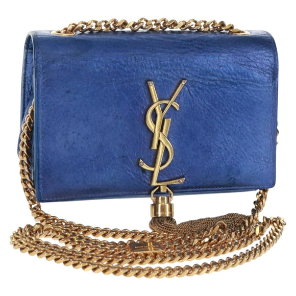 SAINT LAURENT Chain Kate Shoulder Bag Leather Blue Gold Auth 163093SAV